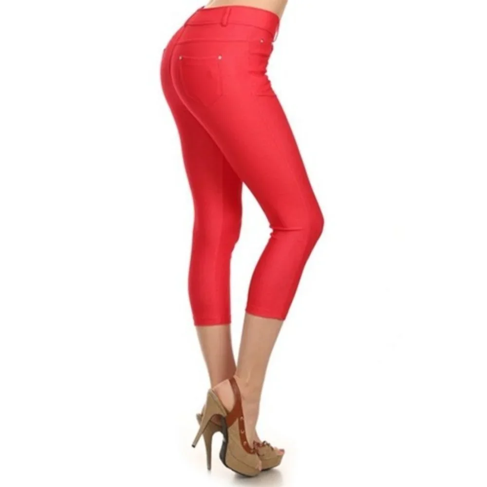 Plus Sz Yelete Women's Cotton-Blend 5-Pocket Skinny Capri Jeggings. XL/3XL Red - Picture 3 of 5